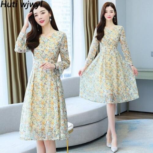 2021 Vintage Floral Chiffon Casual Beach Midi Dress Spring Autumn Korean Sweet Boho Dresses Elegant Women Bodycon Party Vestidos