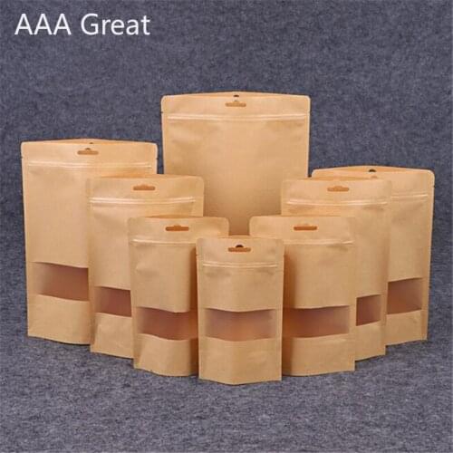 50Pcs/Lot Kraft Paper Clear Window Zip Lock Bag Self Sealing Hanging Hole Coffee Gifts Pack Bags Stand Up Pouches Candy Snacks