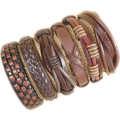 6pcs/lot Handmade Jewelry Fashion Wholesale ethnic tribal genuine adjustable brown leather bracelet for men -S42
