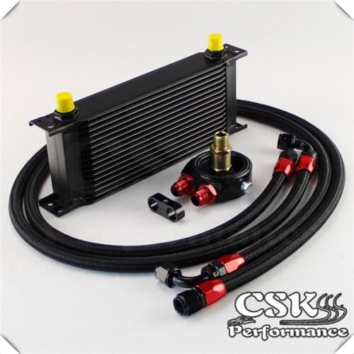 AN8 16 Row 248mm Universal Engine Transmission Oil Cooler British Type + Aluminum Filter Hose End Kit Black/Blue