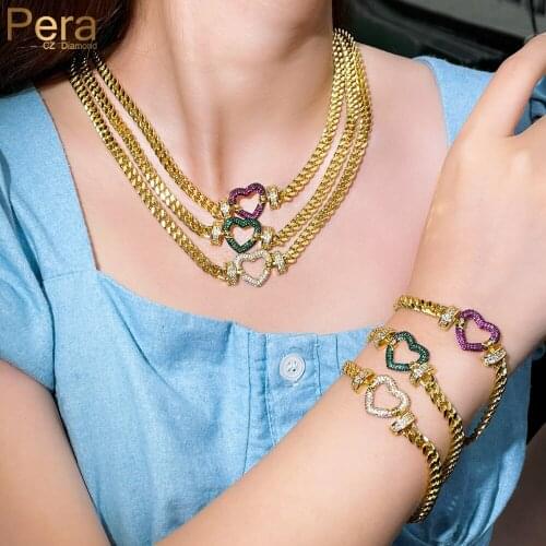 Pera Retro Red Green Cubic Zirconia Nigerian Love Heart Charm Bracelet Choker Necklace Brazilian Gold Jewelry Set for Women J447
