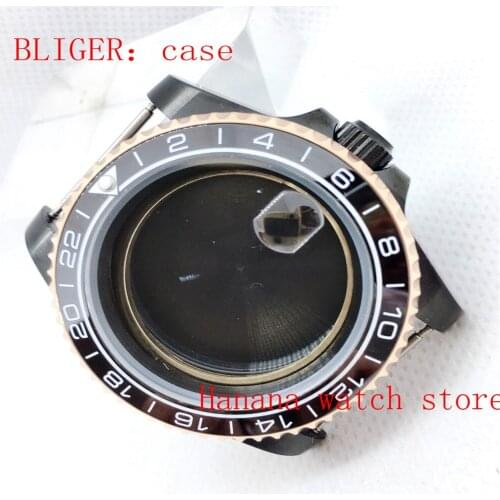 Bliger New 40mm black PVD stainless steel watch case sapphire glass fit ETA 2836 miyota 8215/8205/821A Mingzhu DG2813/ 3804 move