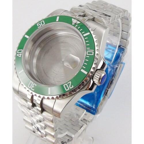 Sub Steel 40mm Watch Case for NH35 ETA 2836 MIYOTA 8215 Sapphire Glass Jubilee Bracelet Seeing/Mental Back Green Insert