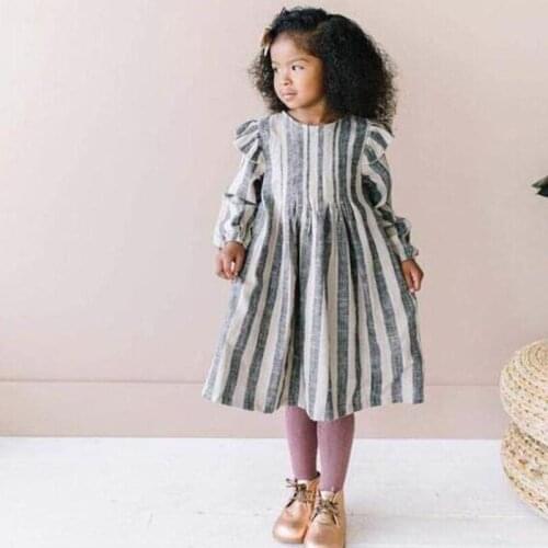 Kids Dresses Spring Autumn Clothing 1-8Y Infant Baby Girl Cute Striped Dress Spaghetti Folded Long Sleeve Princess A-line Dress