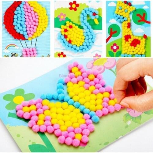 DHL 200set Children DIY Plush Ball + Paper Painting Stickers Baby Educational Handmade Material Cartoon Puzzles Drawing Toys