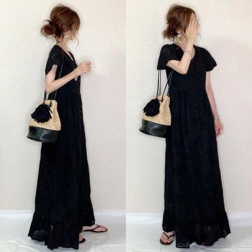 Long Dresses 2020 Summer Casual Women Pullover Button Hollow Small Flower Lotus Leaf Hem Ruffle Maxi Dress Female Young Simple