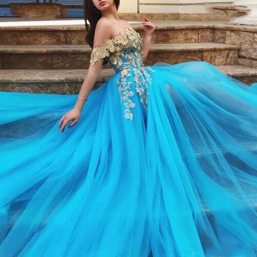 Dubai Saudi Arabic Ocean Blue Long Prom Dresses 2021 Lace Off the Shoulder High Slit Tulle Evening Dresses robes de soirée