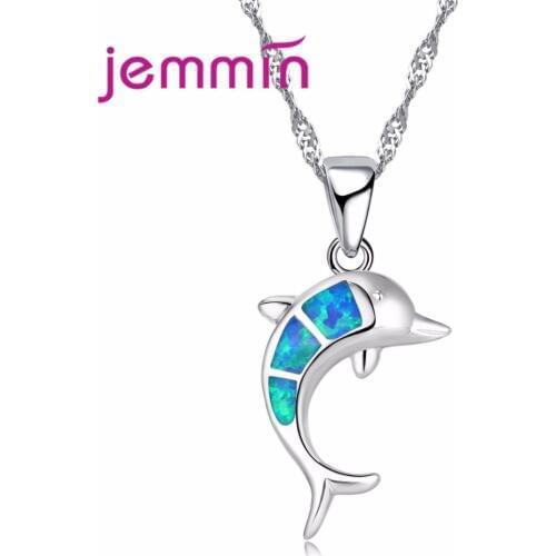 Blue Fire Opal Crystal Jump Dolphin Pendant for Women Girls Christmas Gift Fine 925 Sterling Silver Necklace Female Chain