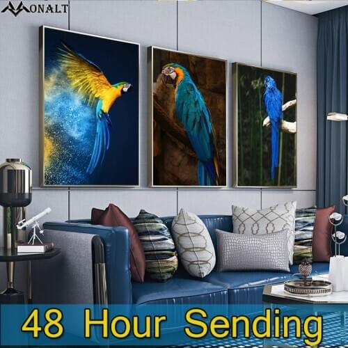 Canvas Decorativas Oil Paintings Blue Gold Parrot Poster and Prints Living Room Wall art Animal Picture Bird Modern art painting