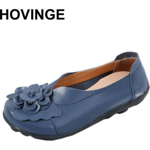 HOVINGE Genuine Leather Flat Shoes large size Loafers leisure shoe leather Comfortable soft sole anti-slip Women Shoes