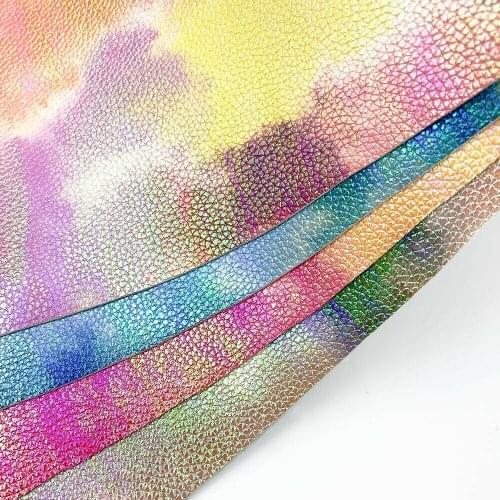4PCS Colorful Tie-dye Vinyl PU Leatherette Sewing Fabric Shiny Waterproof DIY Craft Hair Bow GIFT Earring Handmade Decor Bundle