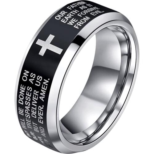 Hot Laser Engraved Bible Verse Christian Lord Prayer Cross Ring For Men Women Tungsten Steel Wedding Bands Polished Comfort Fit