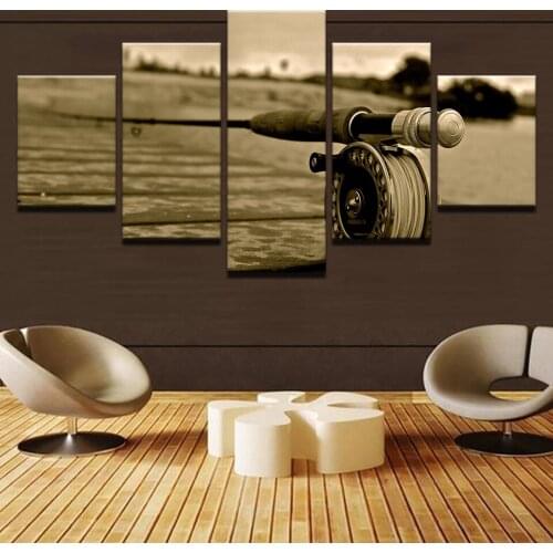 Wall Art Landscape Canvas Paintings Living Room Decor Poster 5 Piece Fly Rod Fly Fishing Poster Modular Retro Pictures Framework