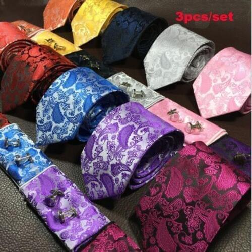 New Paisley Mens Ties Pocket Square and Cufflinks for Mens Wedding Business Suits Fashion Corbatast Floral Paisley 3pcs/set