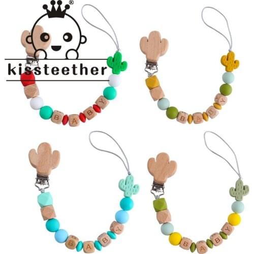 Kissteether Cactus Beech Wood Clip and Food Grade Cactus Silicone Pendant Baby Pacifier Clip Chain Nipple Holder Molar Gift