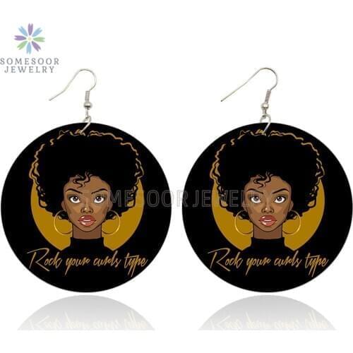 SOMESOOR Rock Your Curls Type Wooden Drop Earrings Afro Melanin Poppin Black Girl Hiphop Loops Both Sides Printed For Women Gift