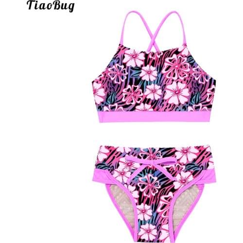 TiaoBug Kids Girls 2Pcs Summer Swimsuit Swimwear Geometric Pattern Floral Print Bathing Suit Beach Bikini Tankini