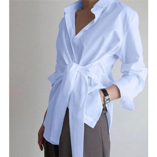 High Street 2020 Women Solid Color Blouses Shirts Autumn Personalized Knotted Shirt Female Lapel Long Sleeve Top