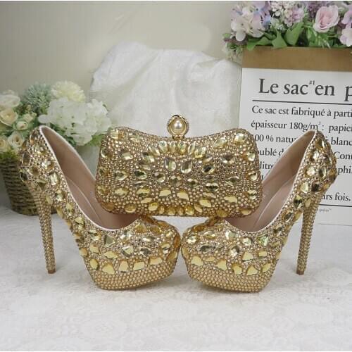 Champagne Round Toe Crystal Wedding Shoes With Matching Bags Women High Heels Shoes Party Dress Shoes And Bags super big size