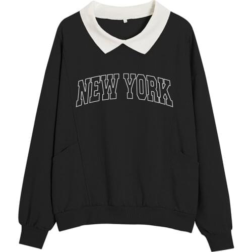 New York Kawaii Sweatshirt Pullover Women Vintage Printed Hoodie Aesthetic Clothes Korean Turndown Collar Cute Tops Women 2021
