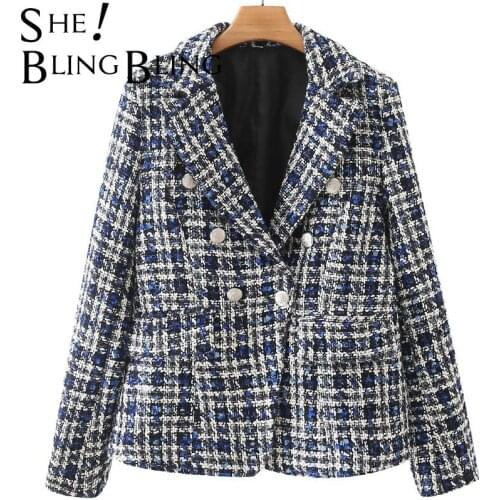 SheBlingBling 2021 Za Tweed Woolen Long Sleeve Women Casual Blazers Coat Notched Collar Double Breasted Female Plaid Jacket