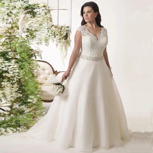 2021 New Plus Size Wedding Dress Robe De Mariee V-neck Sleeveless Beading Sashes Ball Gown Organza Wedding Dresses