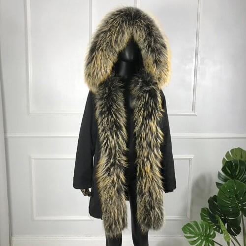 Winter Women Coat Parka Casual Outwear Hooded Fur Jacket With Big Fur Collar Trims Overcoat Hot Sale