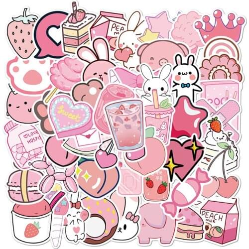 10/30/50Pcs Pink Series Strawberry Rabbit Stationery Waterproof PVC Sticker DIY Luggage Laptop Children Classic Toy Stickers