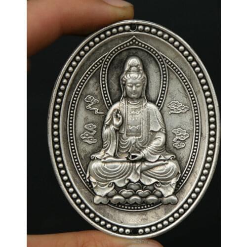 2.6" Chinese Miao Silver Buddhism Kwan-yin Guan Yin Boddhisattva Amulet Pendant