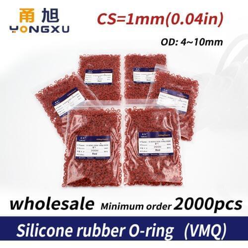 2000PCS/lot wholesale Red Silicon O-ring Food grade Silicone/VMQ CS1mm Thickness OD4/5/6/7/8/9/10mm O Ring Seal Rubber Gasket