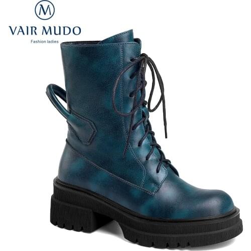 VAIR MUDO Ankle Boots Shoes Women Thick Bottom Elegant Round Toe Concise Black Blue Lace Up Genuine Leather Autumn WinterDX146-C