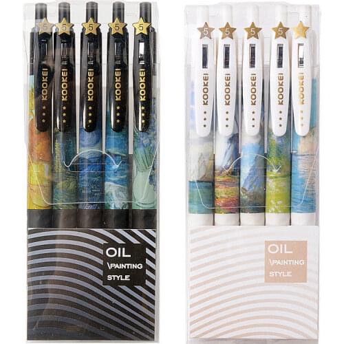 Kookei Van Gogh X Monet Gel Pen Simple Korean Black 0.5 Gel Pen for Students 5PCS