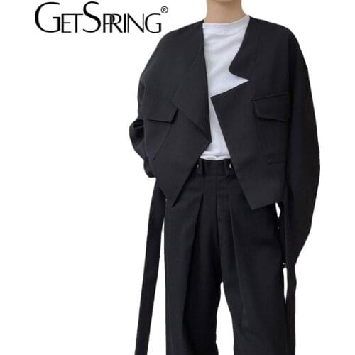 Getspring Women Coat Asymmetry Bandage Short Khaki Black Coats And Jackets Women Irregular All Match Loose Casual Coat Top 2021