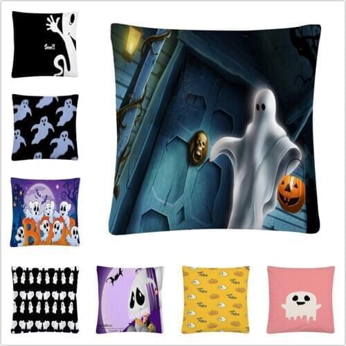 Halloween Ghost Witch Owl Cartoon Pattern Soft Short Plush Cushion Cover Pillow Case for Home Sofa Car Decor Pillowcase 45X45cm