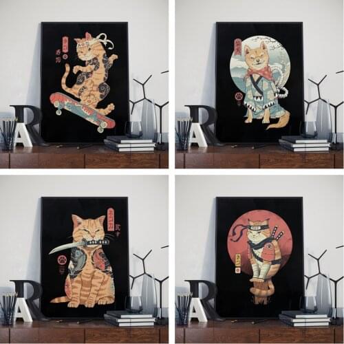 Quality Canvas Painting Poster Kimono Skateboard Cuadros Japanese Samurai Cat Kids Room Living Sofa Wall Art Home Decor Picture