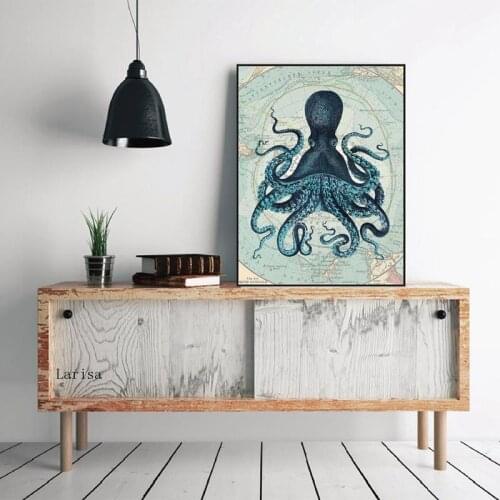 Kraken Octopus Tentacles Vintage Poster Prints Nautical Antarctica Map Wall Art Canvas Painting Picture for Home Office Decor