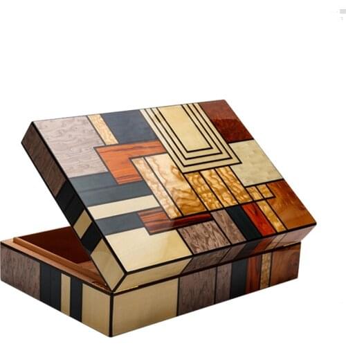 Multicolor Wood-Grain Humidor Spanish Cedar Lined, Retro Handmade Desktop Box with Humidifier Hygrometer, Holds 25-50 Cigars