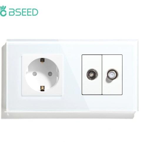 BSEED EU Wall Sockets TV Power Outlets White Black Golden Double Frame Sockets Glass Panel Satellite Wall Sockets Kid Protection