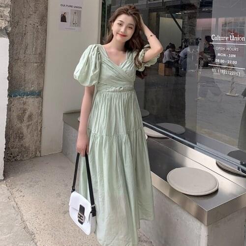 Summer Green Dress for Women Elegant V Neck Puff Sleeve Maxi Dress Korean High Waist Long Dresses Female Vestidos