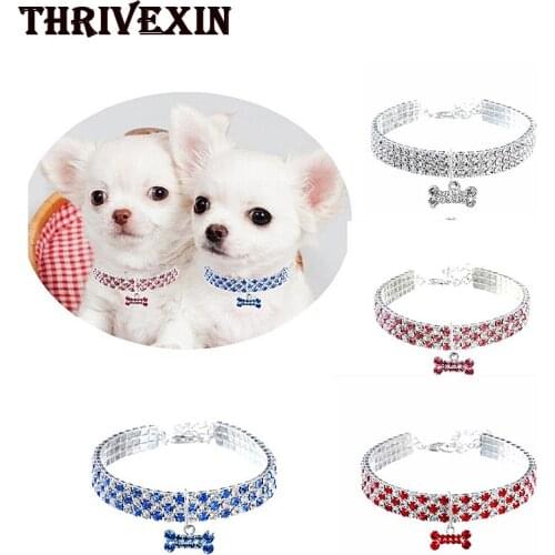 Adjustable Pet Necklace Puppy Accessories Dog Collar with 3 Rows Rhinestone Dog Crystal Choker Chain Diamante Jeweled Pendant