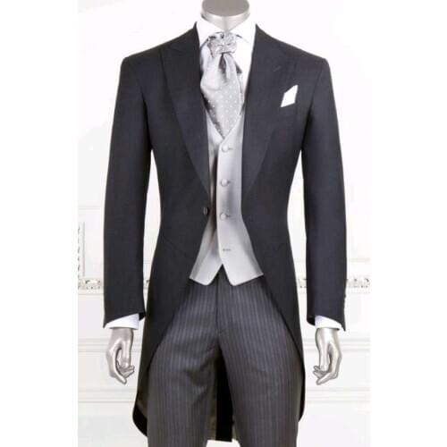 Real Photo Man Morning Suit Black Groom Tuxedos Mens Wedding Party Dinner Prom Suits Long Coats (Jacket+Pants+Vest+Tie) NO:1478