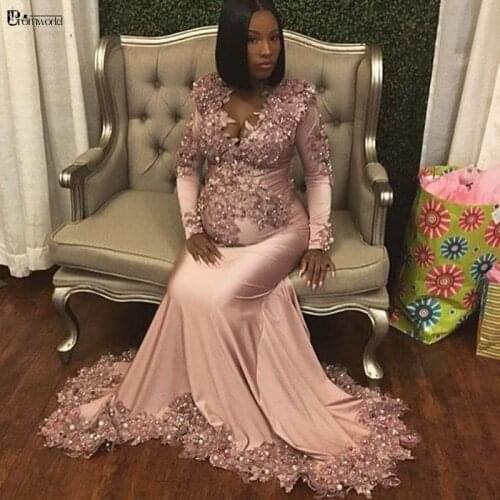 Promworld Luxury Maternity Evening Dresses Mermaid Lace African Pink Beaded Long Sleeve Formal Evening Gown For Pregnant Women
