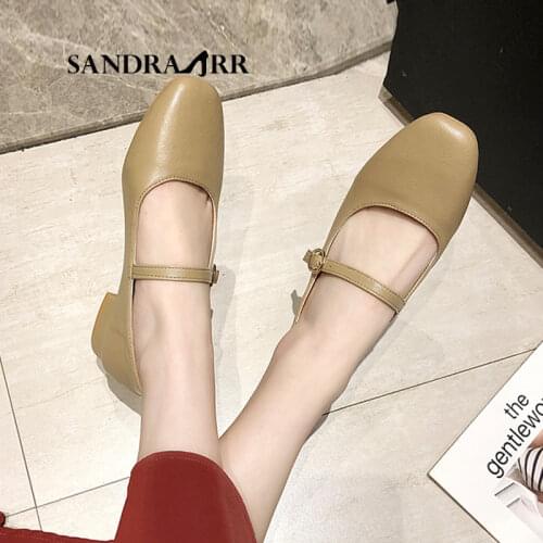 SANDRA JRR Spring New Leather Shoes Pumps Low Heel Square Toe Mary Janes Sandals Casual Office Lady Work Buckle Shoes 2.5 cm