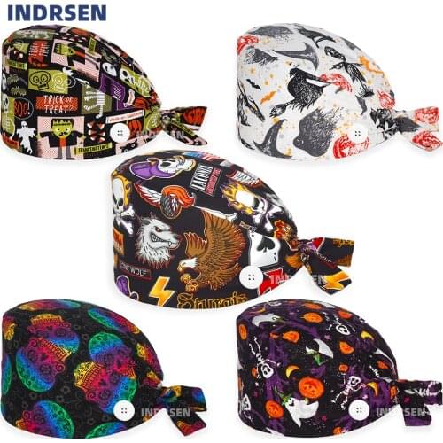 Clearance Scrub Cap 100% Cotton Anime Printing Adjustable Nursing Hat Beauty Salon Pet Shop Lab Working Accessories Scrubs Caps