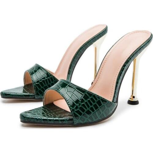 Snake Print Women Slippers Ladies Mule High Heels Shoes Summer Sandals Pointed Toe Slides Female Flip Flops Party Shoes