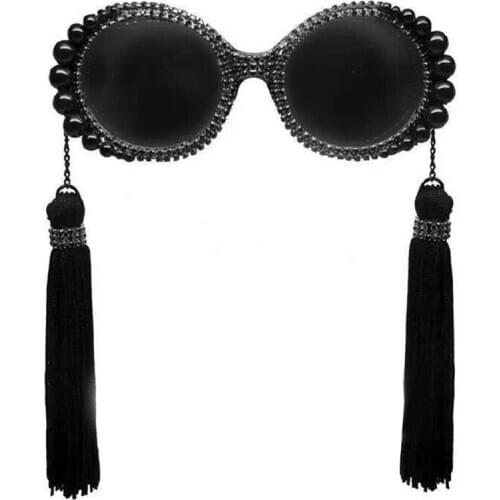 SO&EI Vintage Round Oversized Sunglasses Women Fashion Pearl Rhinestone Eyewear Long Tassel Decoration Female Travel Sun Glasses