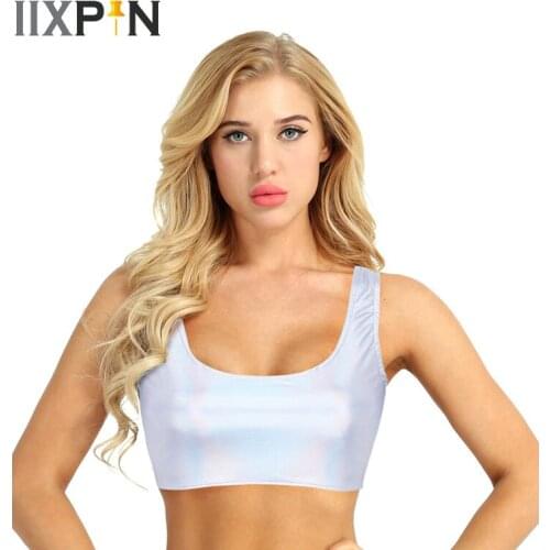Sexy Women pole dance costumes Shiny Faux Leather Sleeveless Scoop Neck Rave Festival Tank Tops Short Vest Tops Summer crop tops
