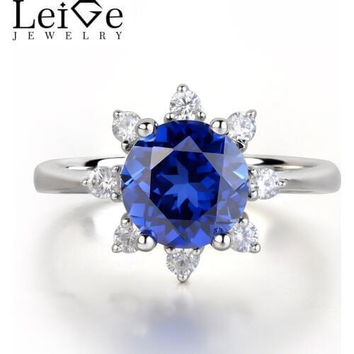 Leige Jewelry Round Cut Blue Sapphire Rings for Women 925 Sterling Silver Jewelry Prong Setting Anniversary Christmas Gift