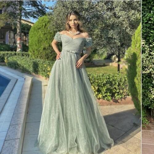 Sage Green Evening Dress A-Line Sweetheart Off Shoulder Tulle Bow Sashes Pleat Floor Length Court Train Party Prom Gown New