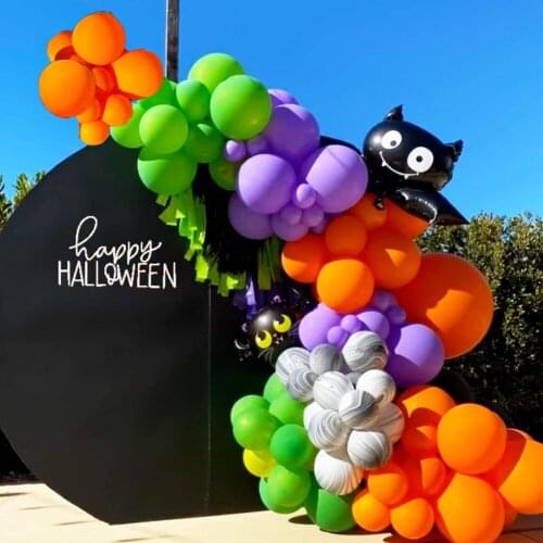 Halloween Party Balloons Arch Green Purple Orange Agate Balloon Garland Pumpkin Cat Bat Foil Globos for Halloween Decorations